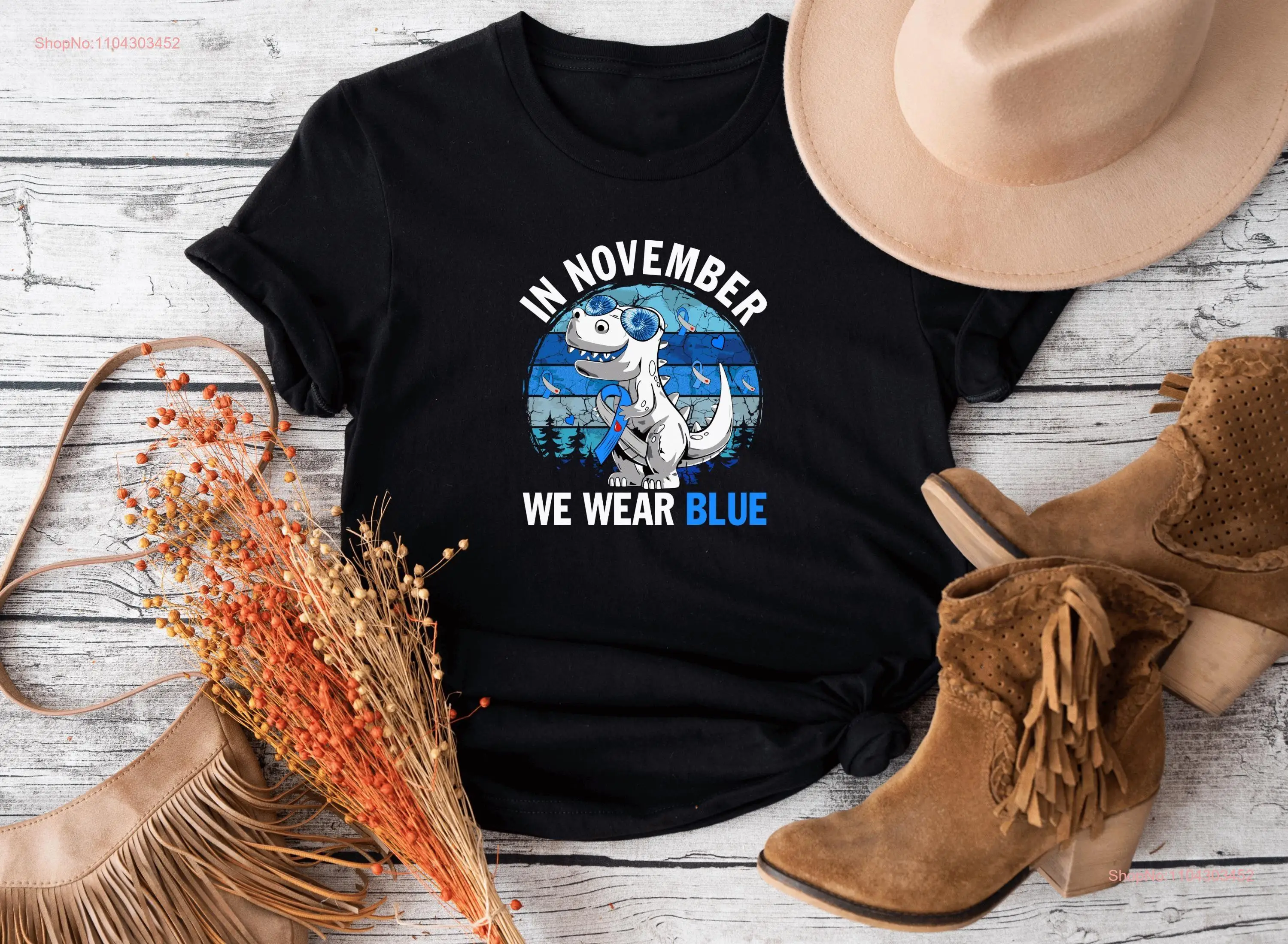 In November We Wear Blue T Shirt Diabetes Awareness Ribbon Cute Dinosour long or short sleeves