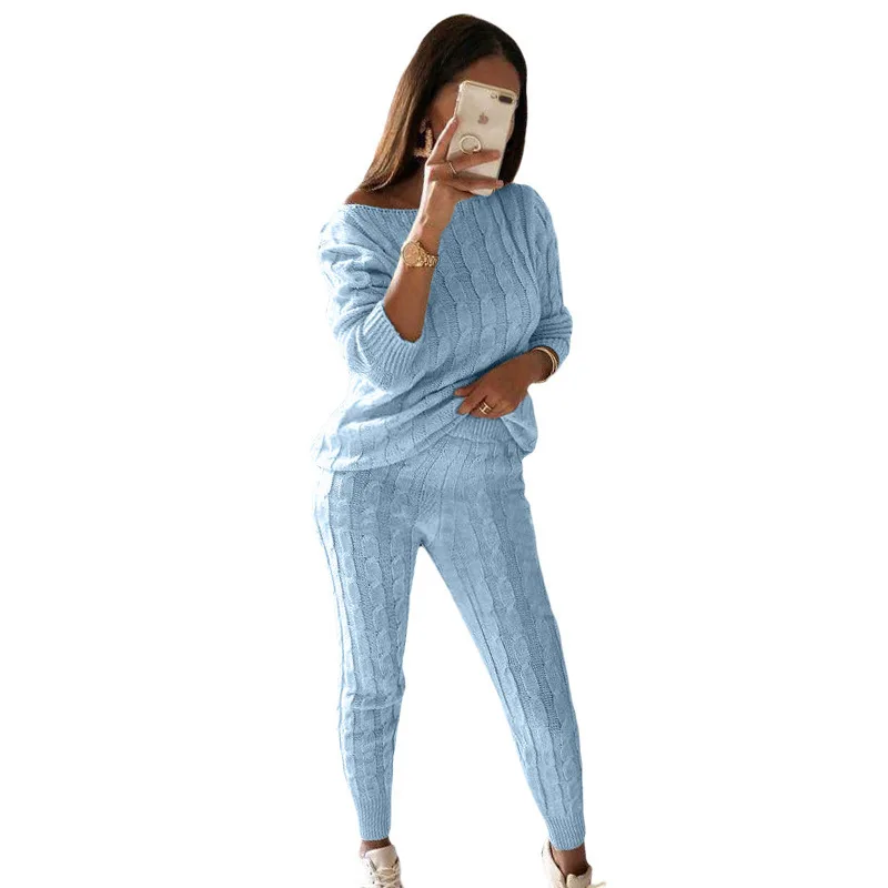 Plus Size 5XL Knitted Tracksuit Women Casual  Sexy O-neck Off Shoulder  Long Sleeve Sweater Slim Pencil Pants Suit Two Piece Set