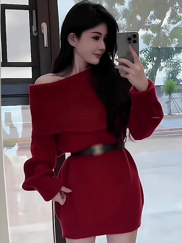 

Stunning One-oulder Knitted Dr Spring 2026 Loose Long Sve Casual Wear Warm Fitted Waist A-Line Skirt Sle Commute