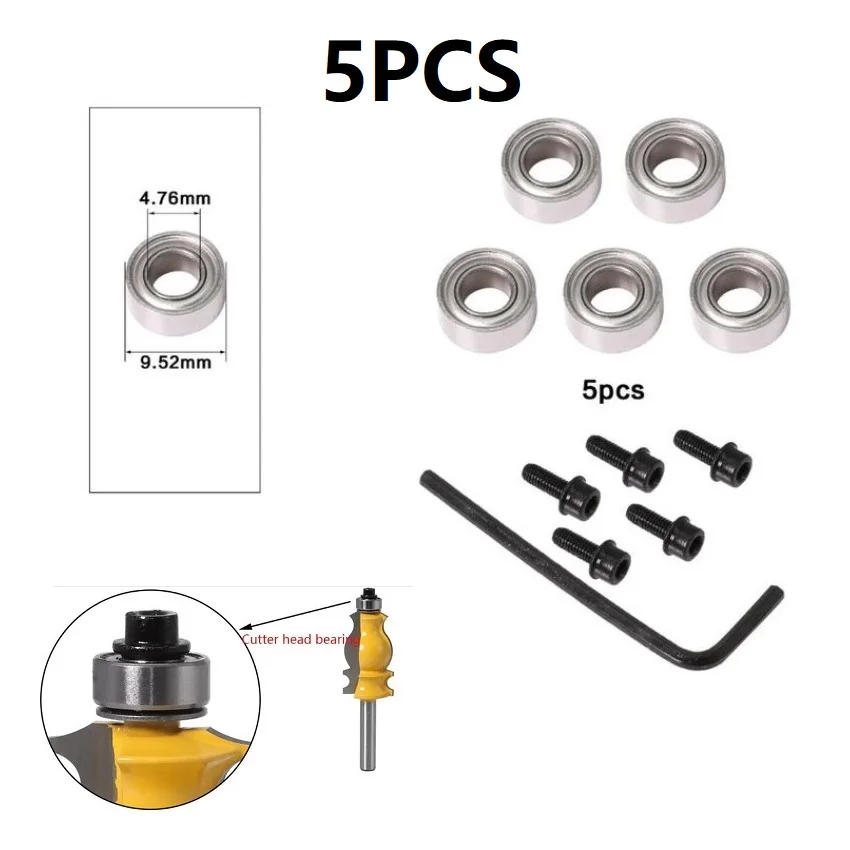 5pcs Cutter Head Bearings Durable Steel Bearings Accessories Kit Fits For Milling Cutter Heads And Shank Inner 4.76 Outer 9.52mm