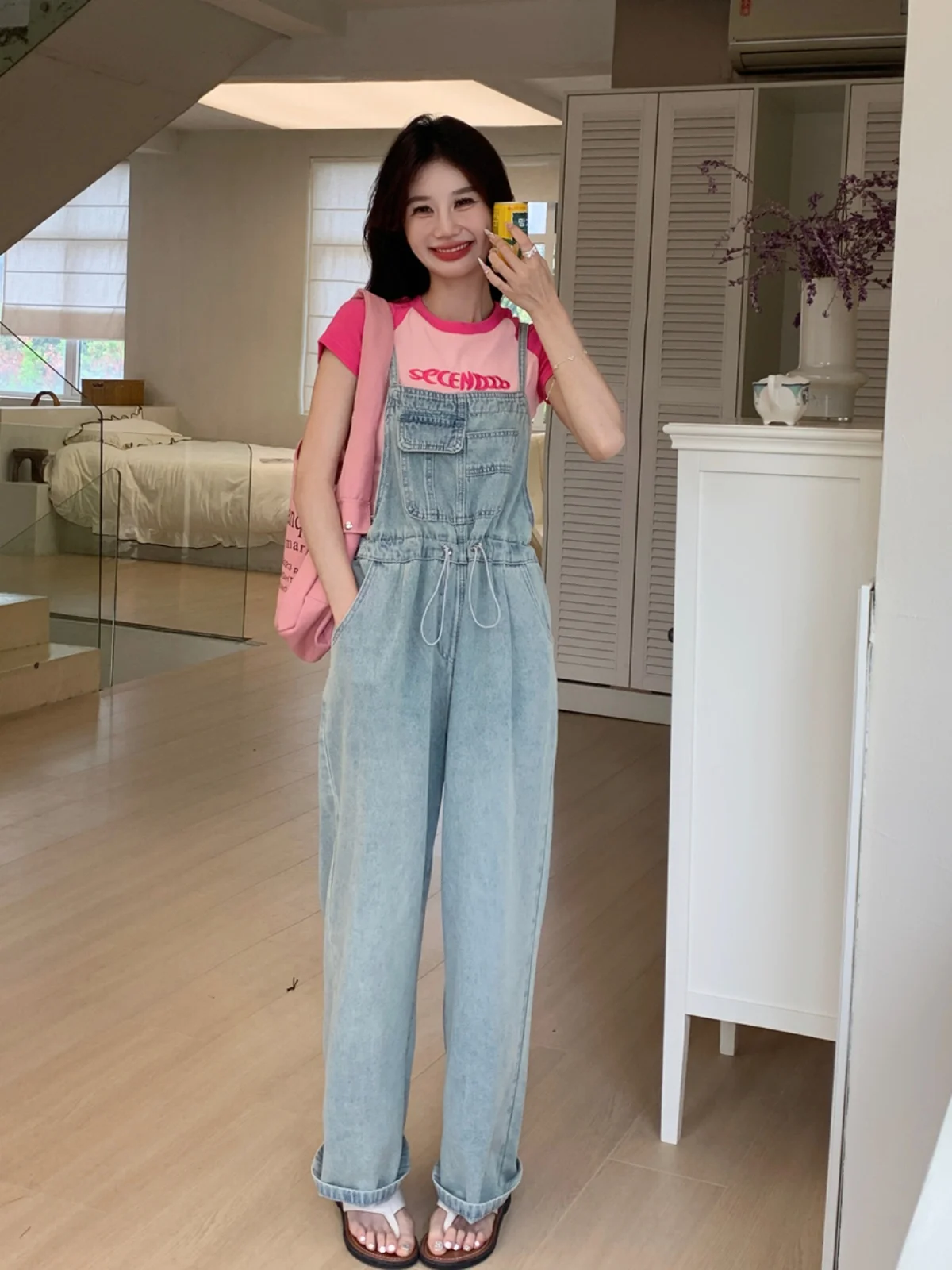

Casual Denim Overalls Women's Summer 2025 New Design Drawstring Fashionable Youthful Wide Leg One-Piece Pants High Waist