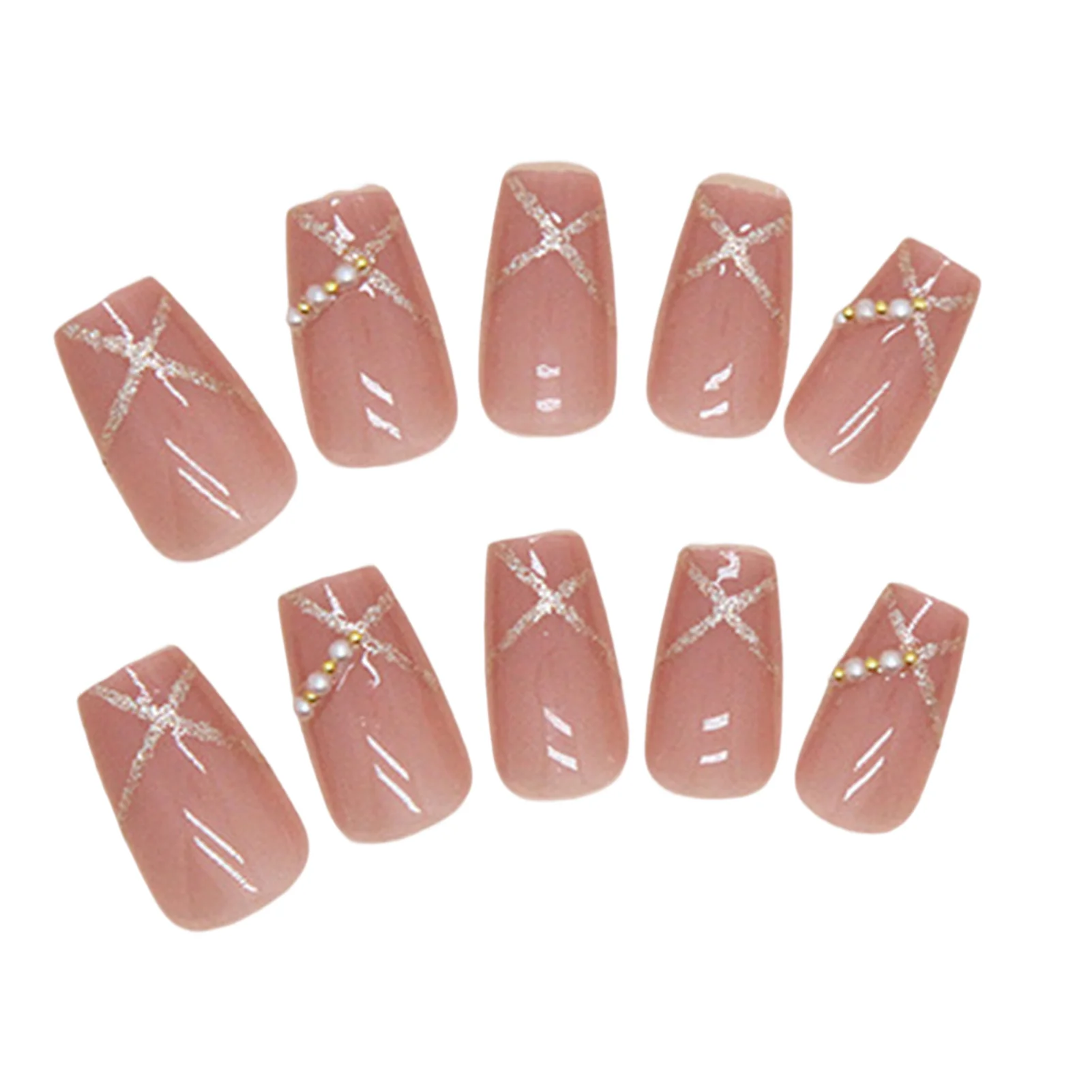 Pearl Embellished Pink False Nails Medium Press on Elegant Fingernails for Women and Girl Nail Salon