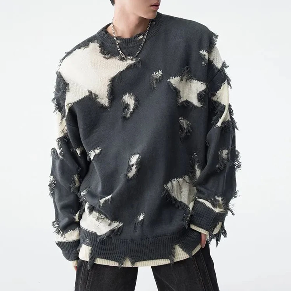 Mens Autumn Winter Y2k Hole Distressed Fake Two-Piece Sweater Essential Oversize Loose Trendy High Street Retro Knitted Sweater