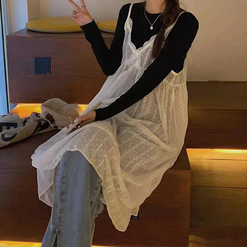 Houzhou-White See-Through Lace Mesh Midi Dress, Vintage, Sexy, Sem mangas, Férias, Praia, Boho, Casual, Longo, Coreano