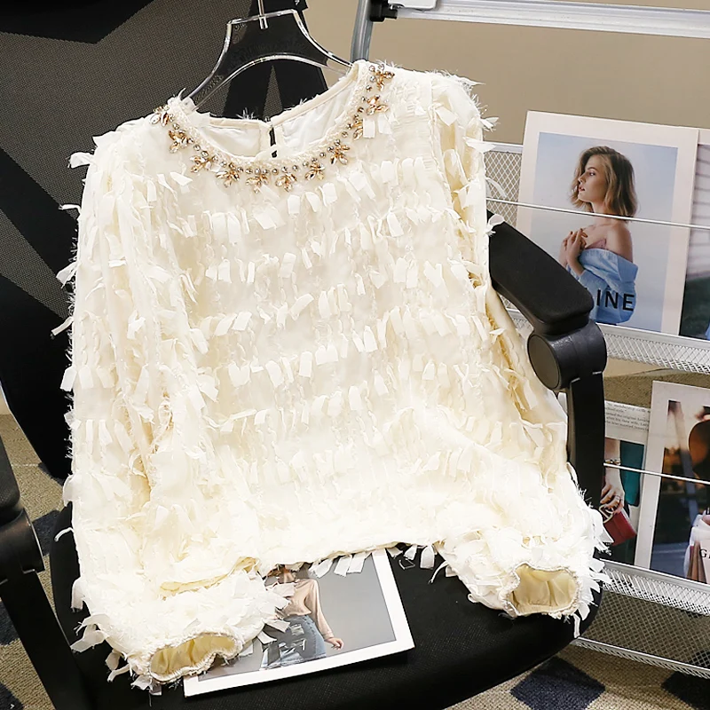 2025 New Fashion Heavy Embellished Diamond Lantern Sleeve Chiffon Blouse Loose Sweet Cute Tassel Versatile Top Trendy Women
