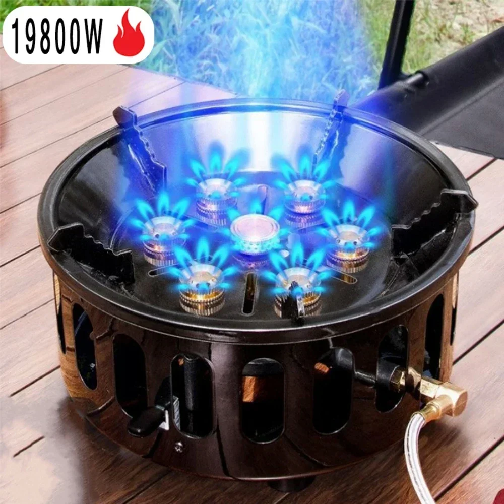 19800W 7-Core Camping Stove High-Power Strong Fire Portable Tourist Gas Burner Windproof Electronic Ignition Camping Equipment