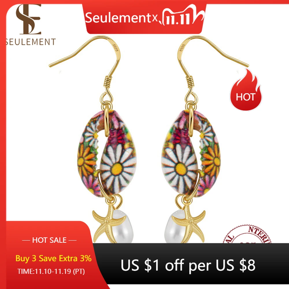 

Seulement Natural Paintings Shells Freshwater Pearl Earrings for Women 925 Sterling Silver Starfish Drop Earring Jewelry Gifts