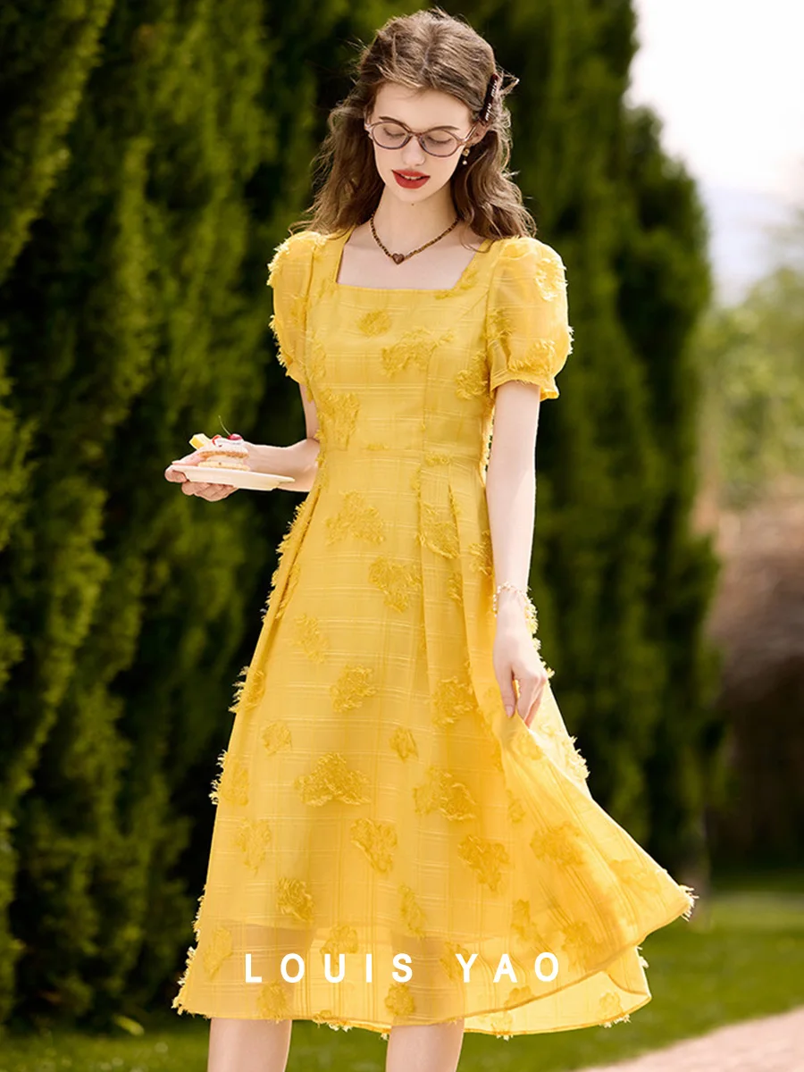 

LOUIS YAO Square Neck Straight Shoulder Puff Sleeve Dress 2025 Summer Sweet Style Cutwork Embroidery Craft Long Women's Dress