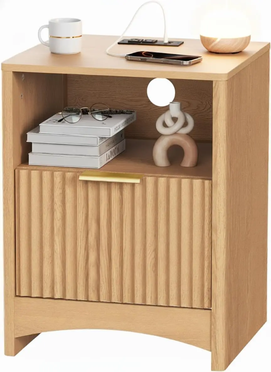 

Wooden Nightstand Charging Station Fluted Storage Drawer USB AC Outlet Bedroom Light Oak, Customized