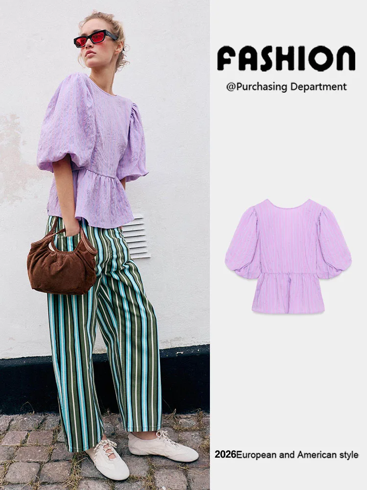 

Summer New Arrival Women's Shirt round Neck Bubble Short Sleeve Striped Knot Elegant Fashionable Chinese Style Top