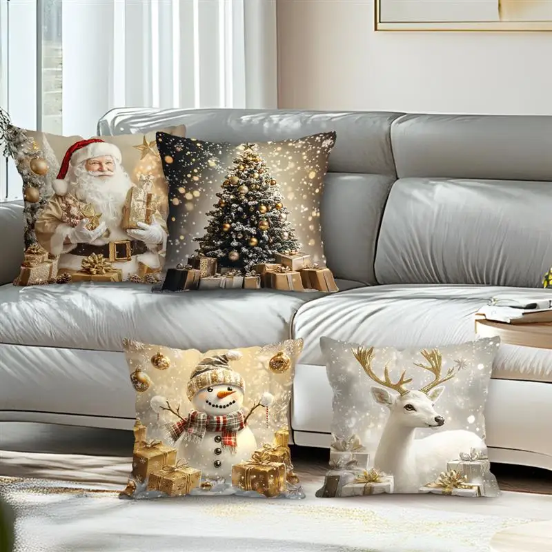 Home Decor Christmas Decor: Santa, Tree, Snowman, Deer Pattern Cushion Cover Suitable for Sofa Bedroom Car Pillow Cover