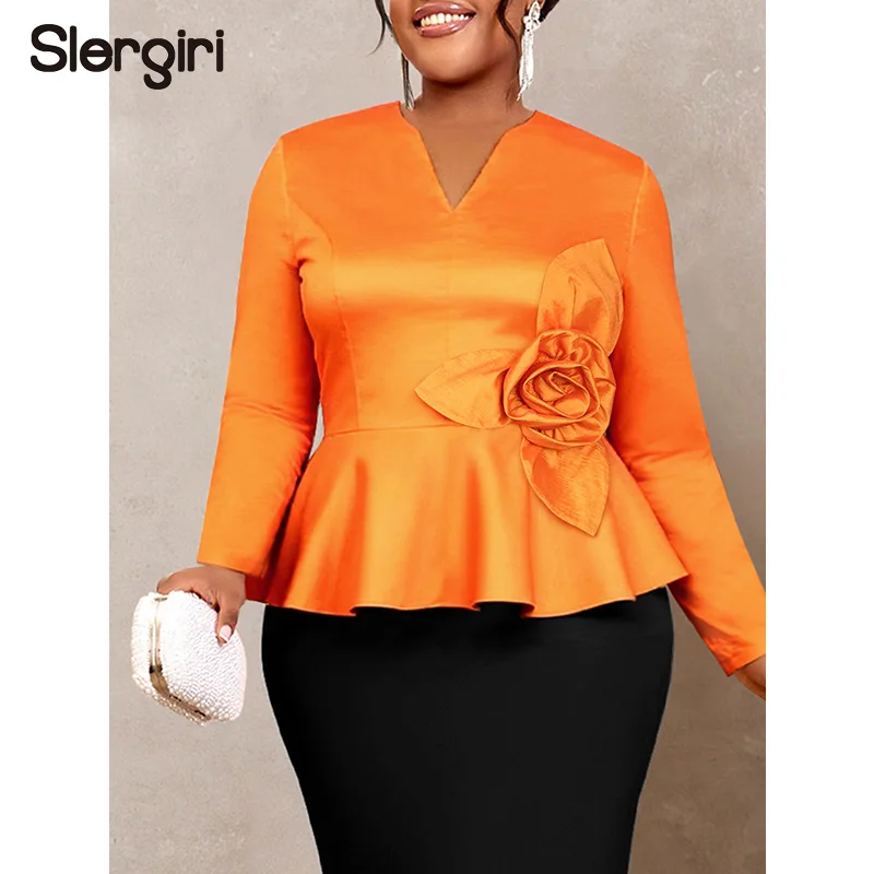 Slergiri Plus Size Three-dimensional Flower Peplum Top Women 2026 Spring V-neck Long Sleeve Office Ladies Party Shirts Blouses