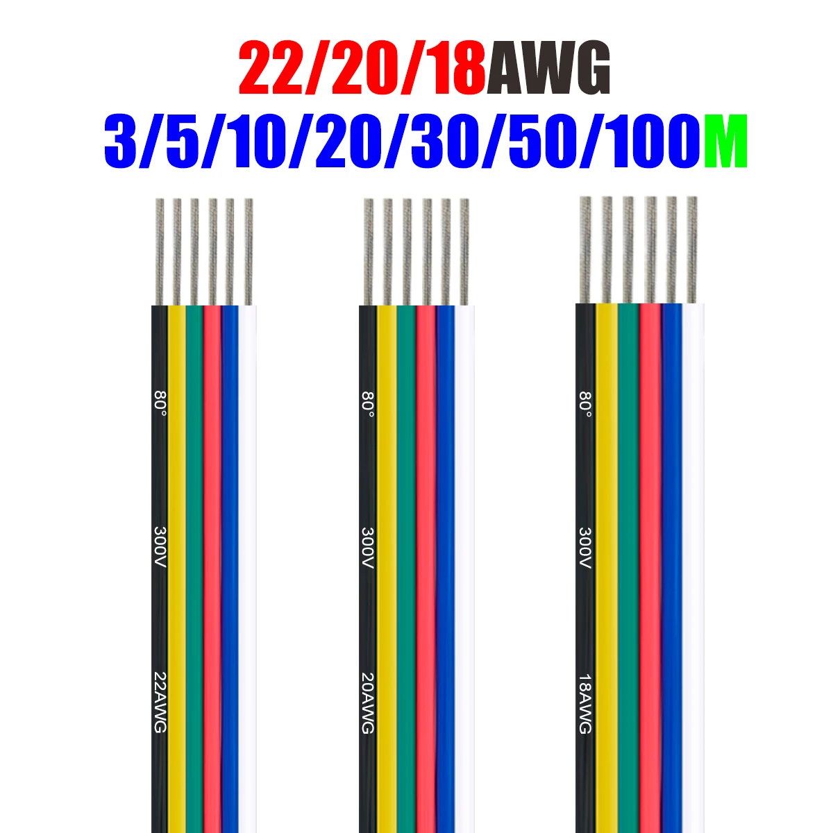 6Pin Electrical Wire LED Strip Cable 22AWG 20AWG 18AWG Flexible Electric Extension Cable For RGBCW RGBCCT LED Strip Lights