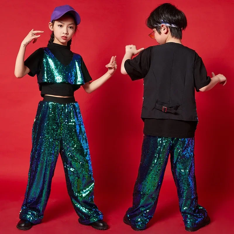 Meisje Sequin Crop Tank Top Hip Hop Jongens Groen Vest Jas Kinderen Jazz Glanzende Broek Kleding Set Kind Street Dance Toneelkostuum