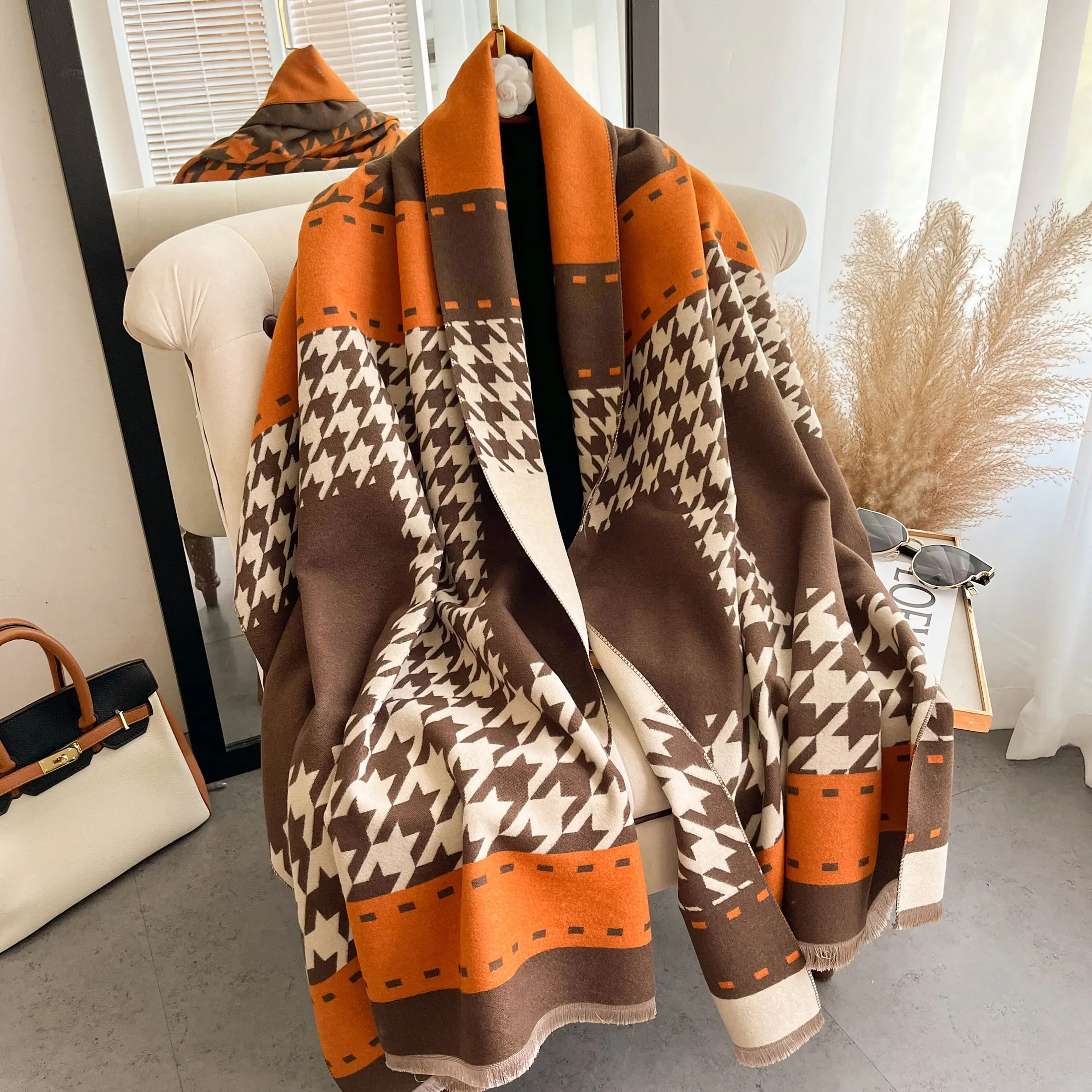 Winter Autumn Thick Warm Faux Cashmere Scarf  New Color Block Houndstooth Large Shawl Fashion Neckwear Wrap Scarf  Accessory