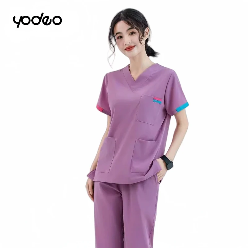 Lightweight breathable hand washing clothes women casual jogging split set short sleeve v-neck tops nurse pants working clothes