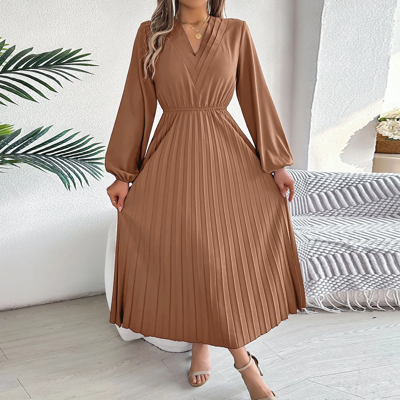 

Women'S Solid Slim Casual Dress V Neck Receive Waist Puff Long Sleeve Length Pleated Dresses Large Size Loose Leisure Streetwear