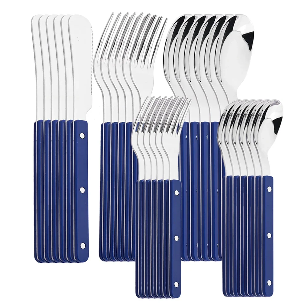 30Pcs Tableware Set Stainless Steel Cutlery Knife Fork Dessert Forks Spoons Flatware ABS Handle Rivets Decoration Dinnerware Set