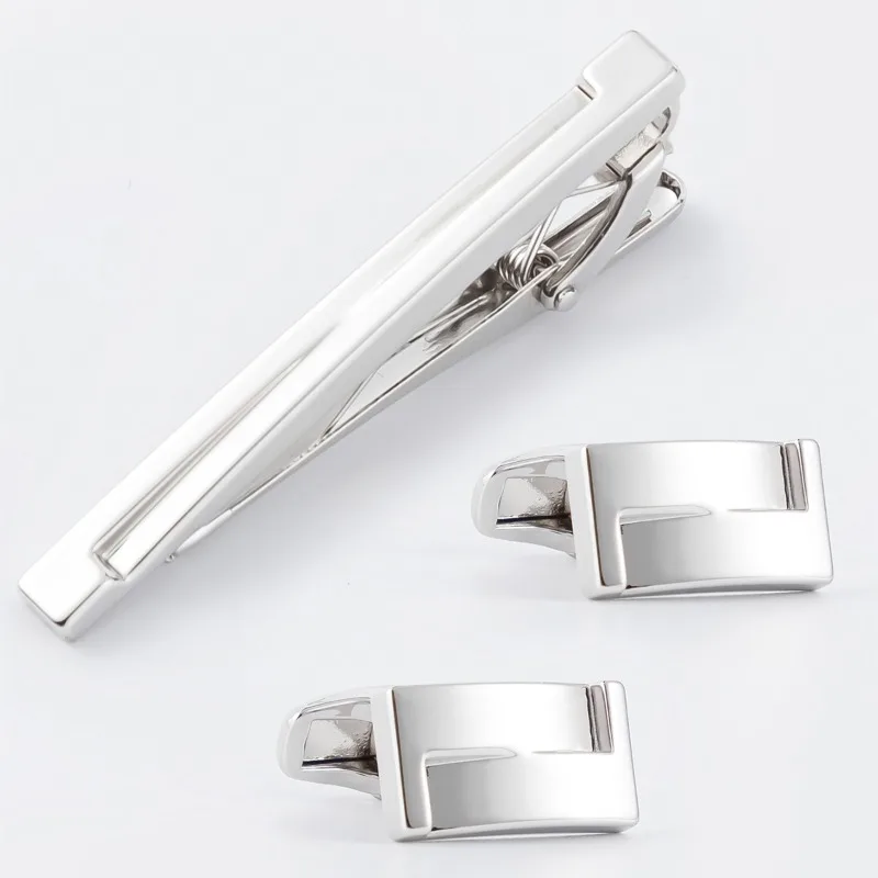 Minimalist Grooved Rectangle Cufflinks Tie Clip Set, 2 Colors Gold Silver Tone Men Suit Accessories Wedding Business Gift
