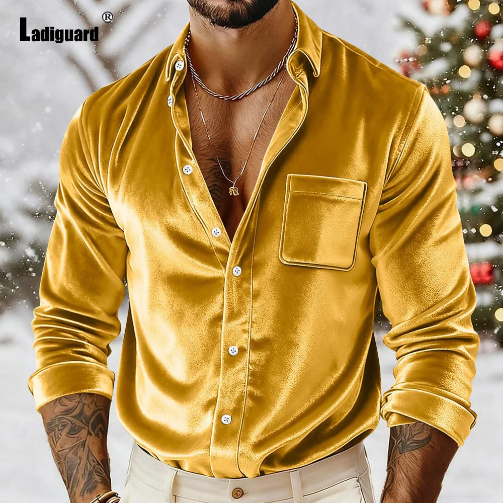 

Men Long Sleeves Notched Shirt Clothing 2026 European Fashion Basic Tops Solid Yellow Red Blouse Mens Casual Plush Shirts Hommes