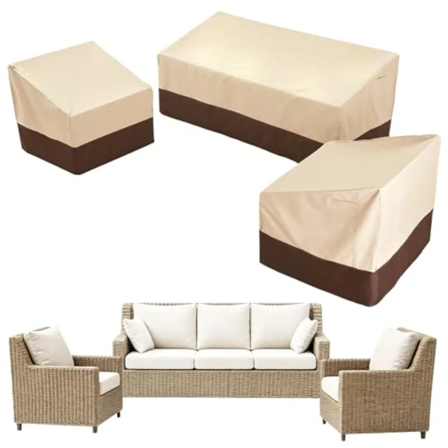 

3-Piece Patio Furniture Covers for Outdoor Seating 600D Heavy-Duty Waterproof Polyester, Gray, All-Weather Windproof Protection