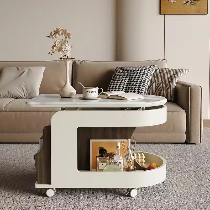 

French Cream Style Solid Wood Modern Eco-Friendly Durable Multi-Functional Push-Pull Mobile Coffee Table Set For Living Room