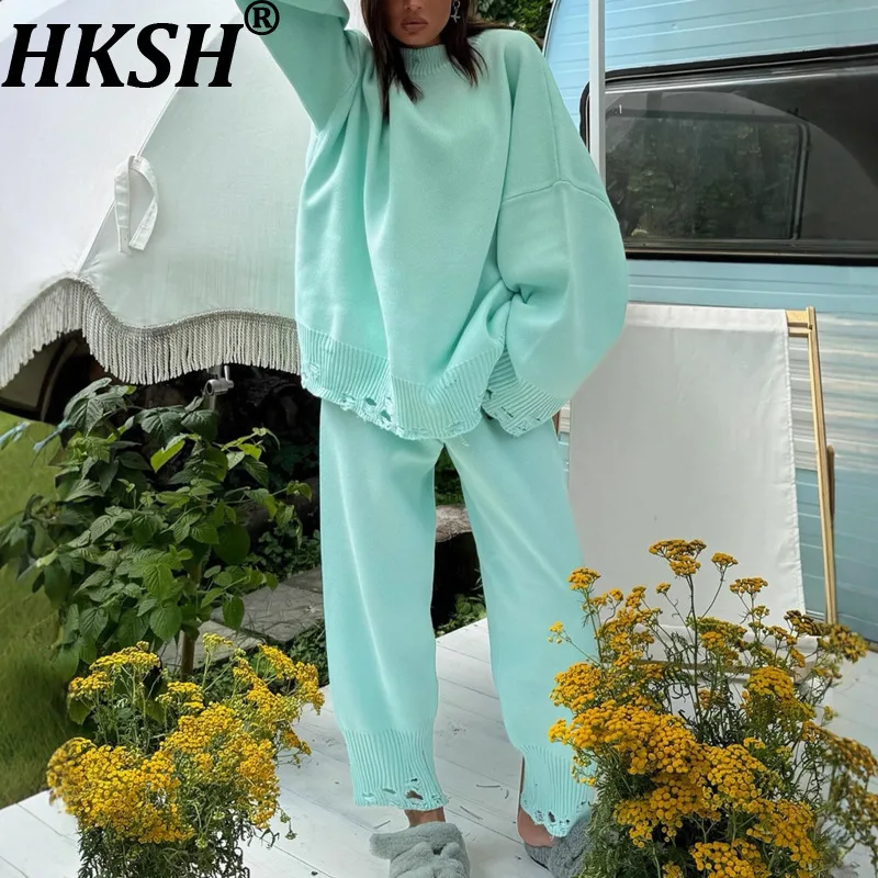 

HKSH 2022, осенне-зимний новый женский повседневный комплект, потертый пуловер, вязаный свитер, однотонные брюки с эластичной резинкой на талии, Ins HK14027