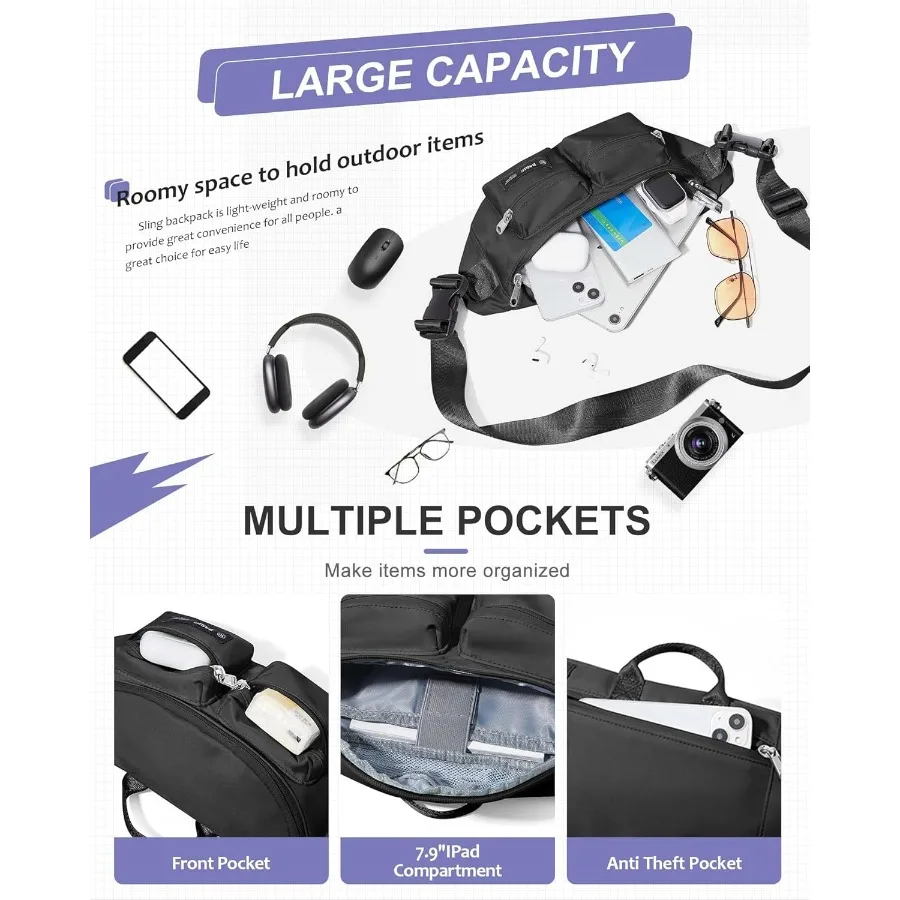 حقيبة حزام سوداء للنساء والرجال مع أوعية متعددة بسحاب مقاومة للماء وحقيبة خصر عصرية مع لو قابل للتعديل