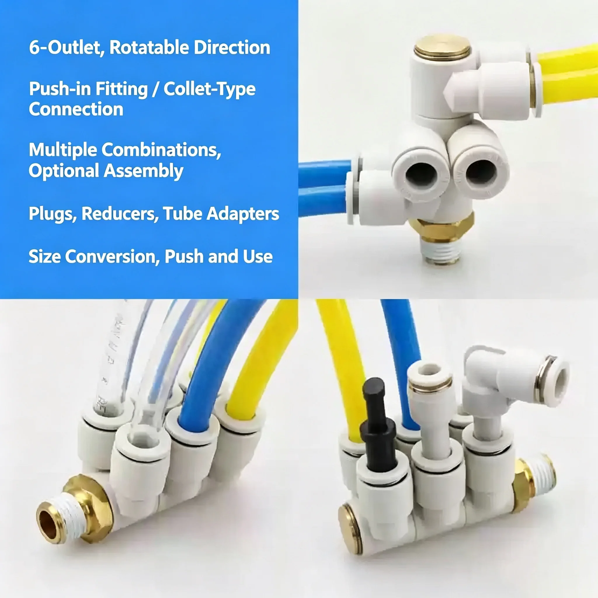 Universal Rotation Seven Way Double Row Quick Plug Air Pipe Joint 4/6/8/10/12mm One in Six out for Industrial Use Six Tube Conne