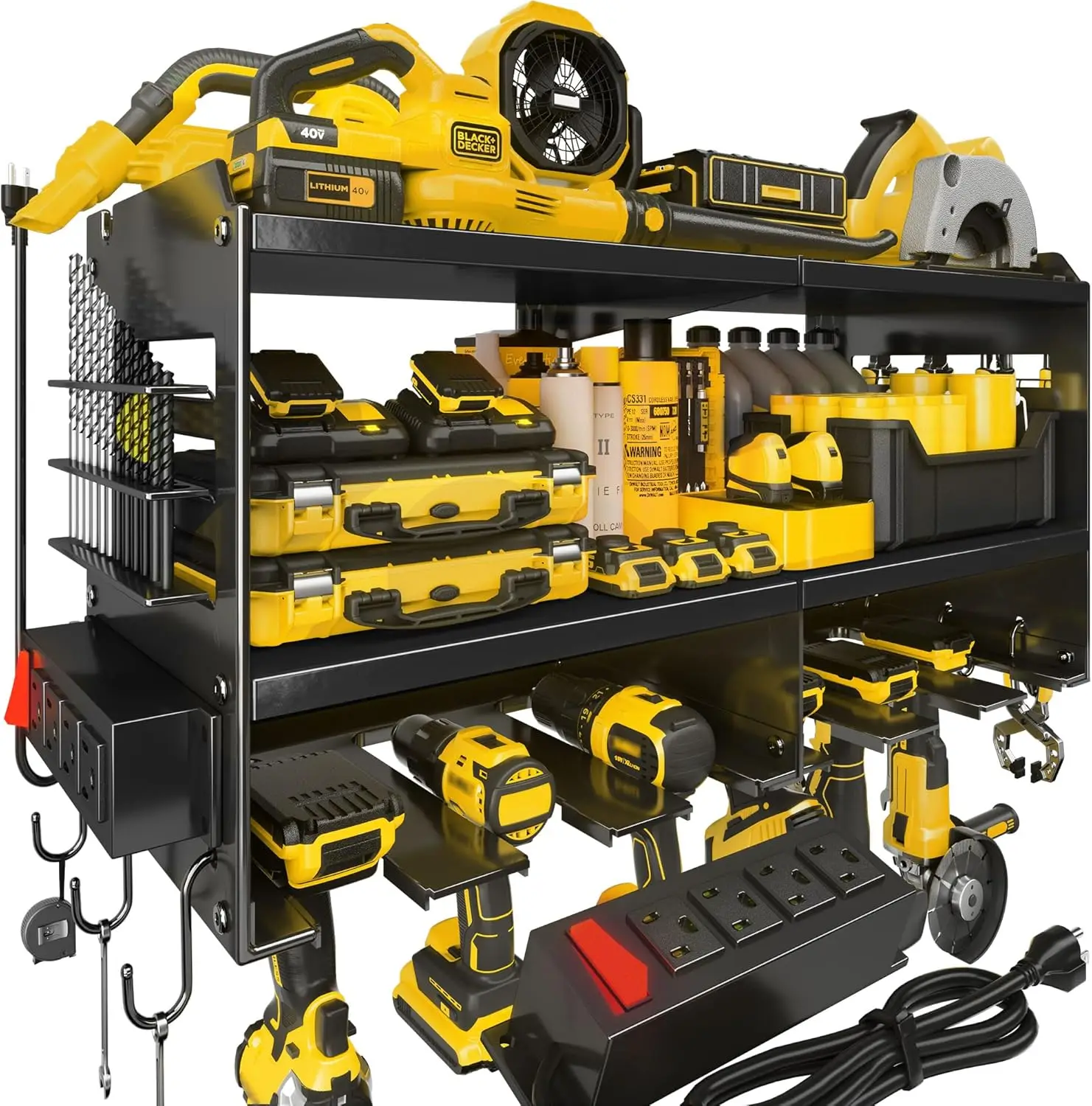 

Heavy Duty Metal Tool Storage Rack with Charging Station, 3 Layers Holds 420lbs, Includes Drill Holder - Ideal Garage Organizer