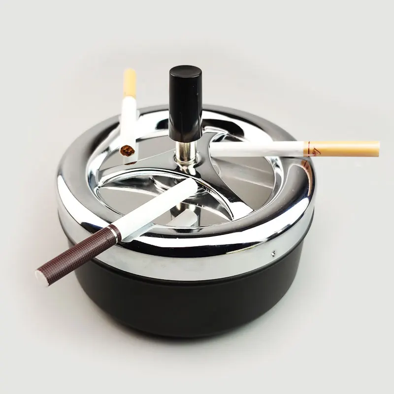 13cm Rotary Ashtray for Office，Hotel，Home Use，Finger Press Automatic Rotation Cleaning Fireproof Sealing Smoking Metal Ashtray