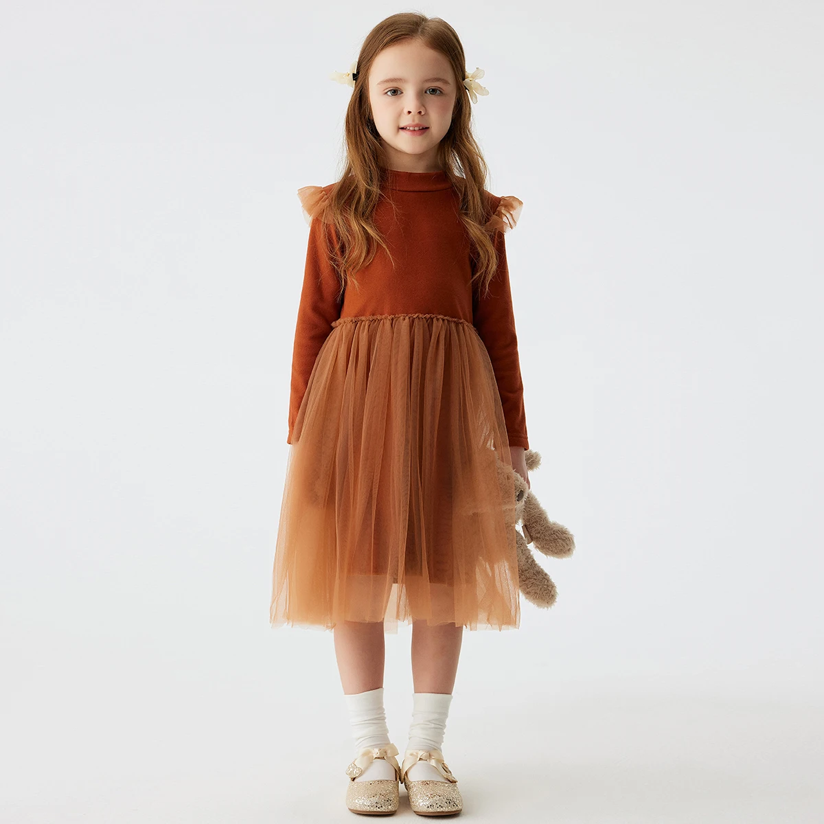 Autumn Girl Princess Dress New Cute Ruffle Edge Long Sleeved Mesh Dress Sweet Girl Solid Color Dress For Daily Outings