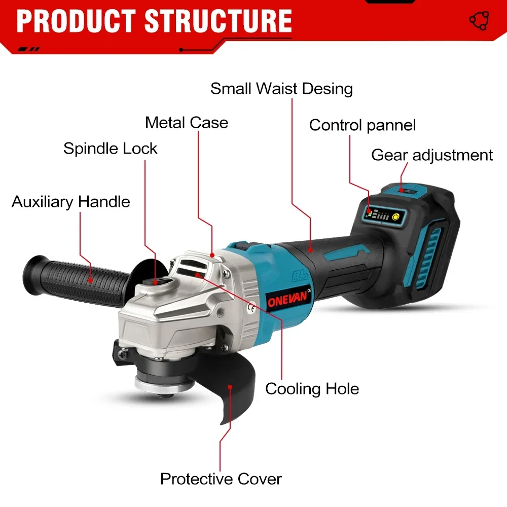 ONEVAN-amoladora angular eléctrica sin escobillas, herramienta eléctrica de 125mm, 6 velocidades, pulidora de bricolaje, para batería Makita de 18V