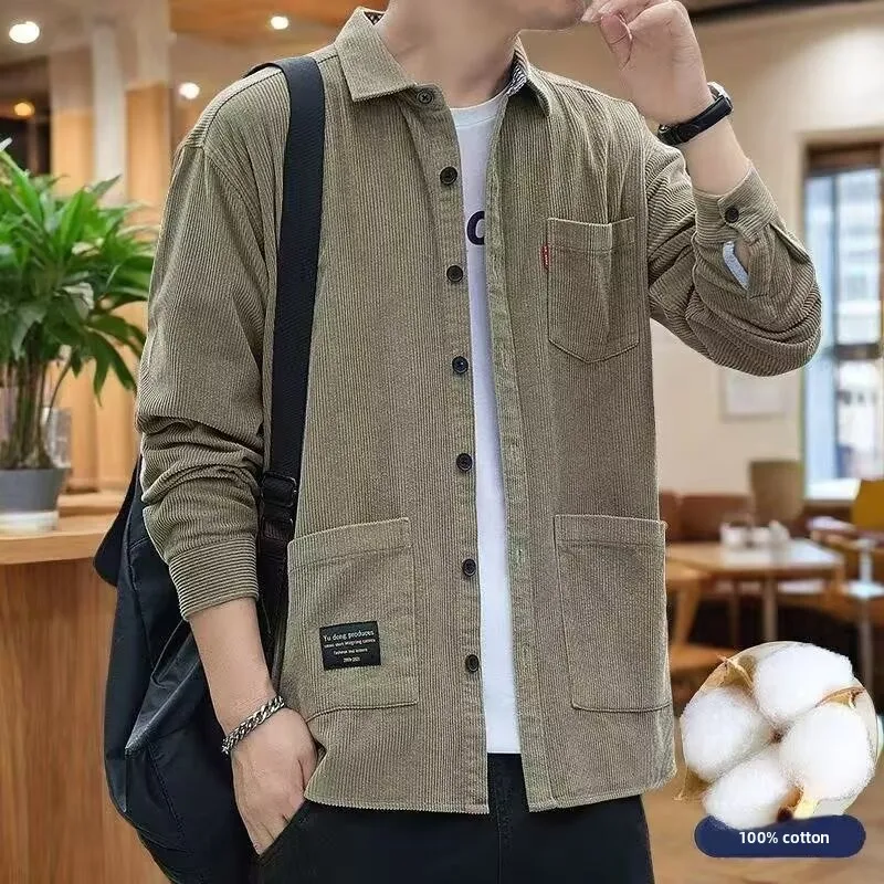 Otoño Invierno hombres puro algodón Casual irt suelta ajuste largo Sve pana rayas Top moda juvenil Faion prendas de vestir exteriores