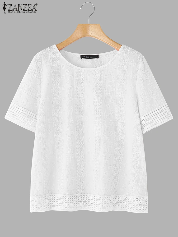 ZANZEA Cotton Blusas Women Solid Tops Casual Loose Short Sleeve Blouse Fashion O Neck Tunics 2025 Female OL Work Pullovers