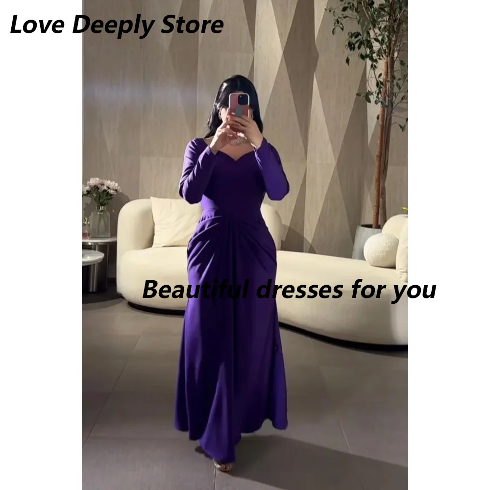 

Purple Evening Dress for Women Sweethart Neck Long Sleeves Pleat MermaidJersey Saudi Arab Prom Gown Formal Dresses Customized