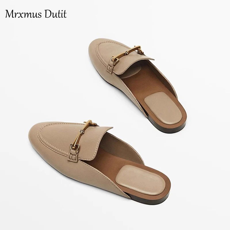 Mrxmus Dutit 2023 Fashion Women New Genuine Leather Shoes Metal Buckle Mules Shoes Casual Wild Simple Sandals Slippers Female