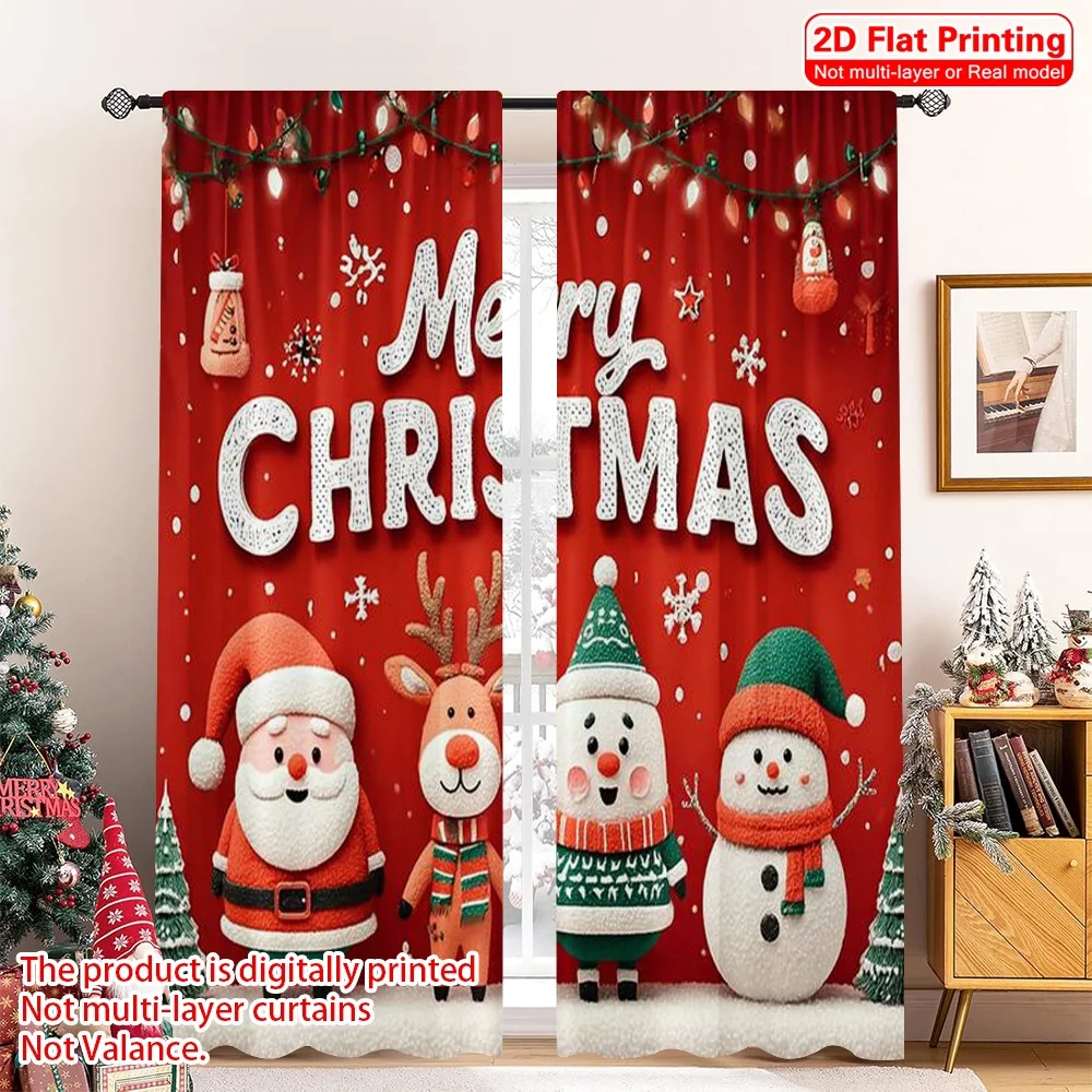 

2pcs 2D flat printing Christmas Scene Curtain Santa Claus reindeer Durable 100% Polyester Fabric Without Electricity Holiday