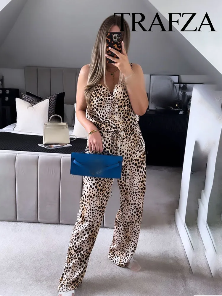 TRAFZA Women Chic Leopard Print Elegant Crop Asymmetrical Belt Decorate Tops+Casual Drawstring Slim Wide Leg Pants Pant Suit