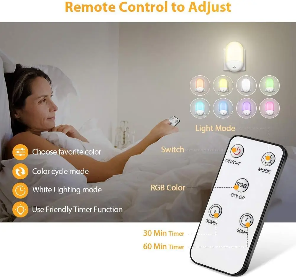 

LED Night Light Plug in Wall - Automatic Dusk to Dawn Sensor RGB Color Changing Night Light Remote Control Color Change LED Lamp