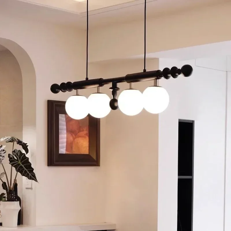 

Chinese Wooden Pendant Lights Dining Table Solid Wood Glass Chandelier Long Strip Pendant Lights French Retro Decoration Lights