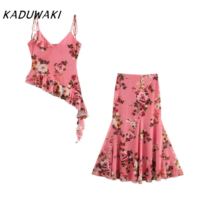 

KADUWAKI Summer Tulle Floral Midi Skirt 2 Pieces Sets for Women Fashion Printed Crop Top Women Suit Elegant Set Women Outfit