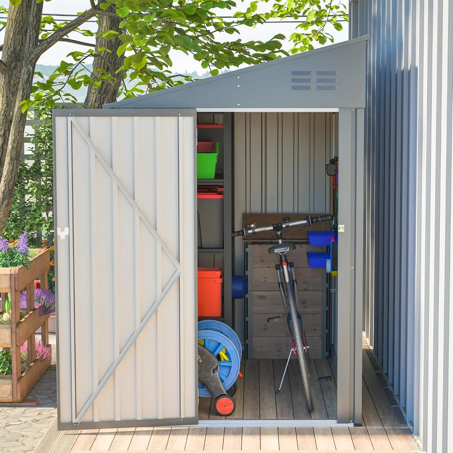 4x7 FT Outdoor Storage Shed,Lean to Lockable Metal Garden Shed Steel with Reinforced Beams,All Weather Waterproof Storage House