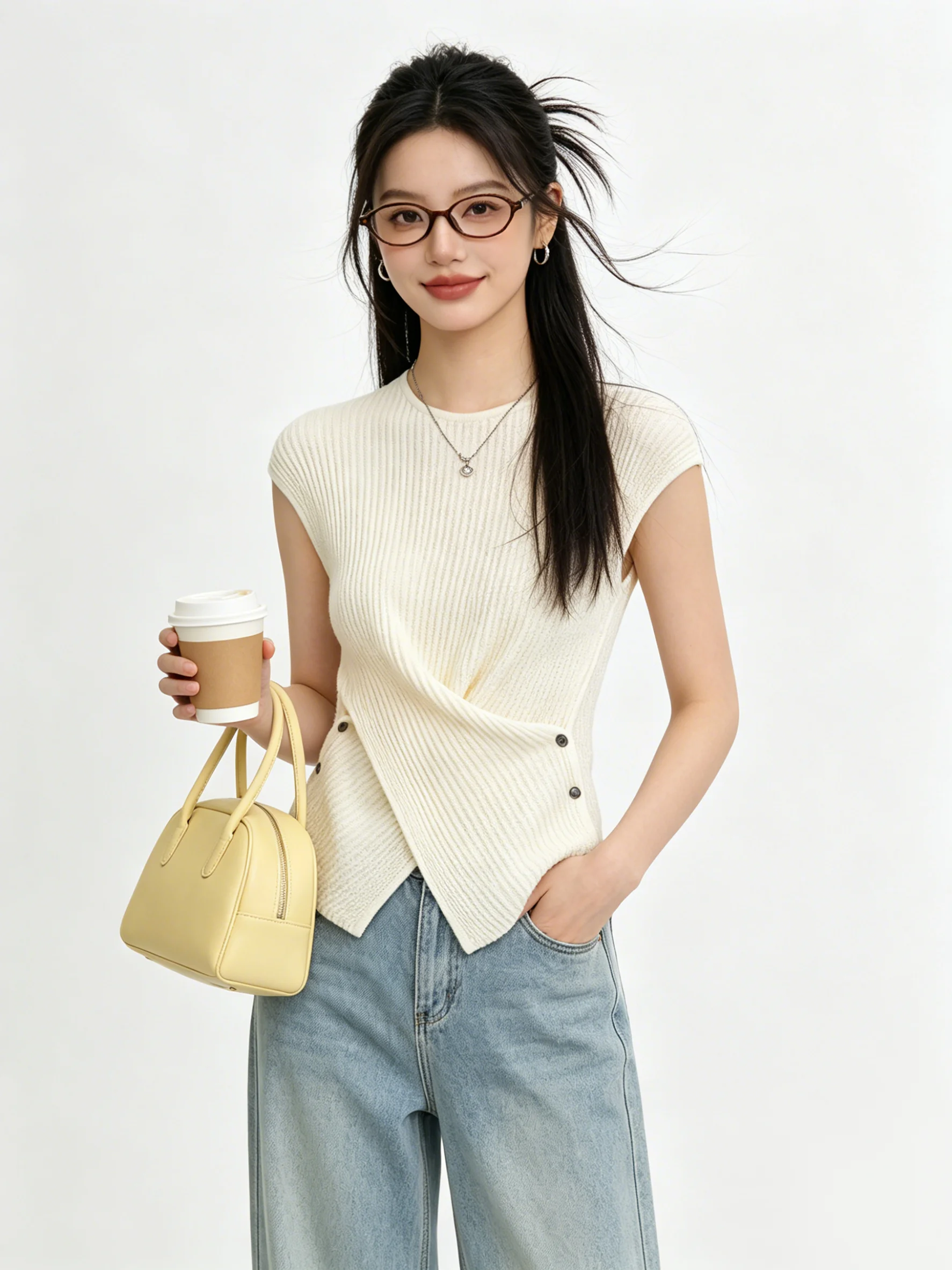 Soft Touch Skin Friendly Knitted Top Cross Back Slimming Summer Elegant Uneven Hemline Korean Style Women's T-Shirt