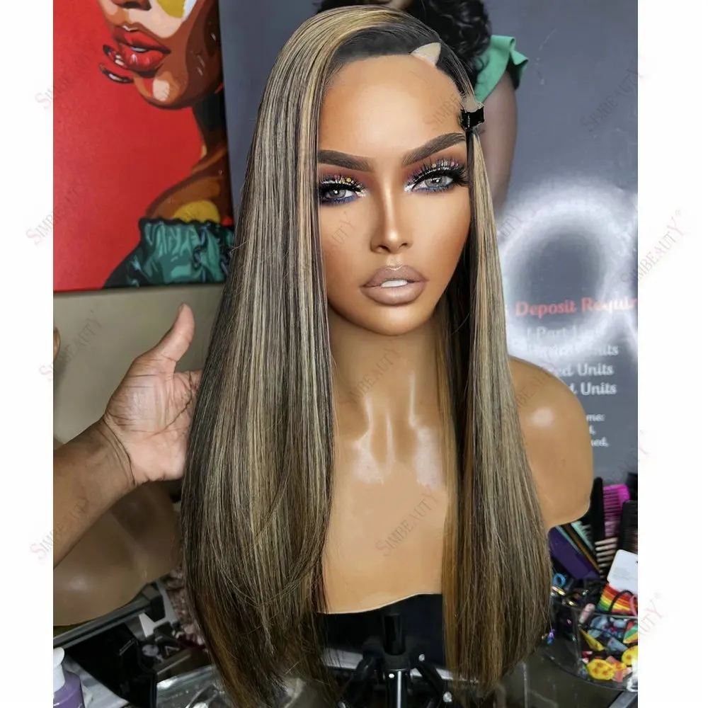 Seidig glattes 100% Remy Echthaar 1x4 V-Part Perücke für schwarze Frauen, Highlight Blonde, klebefreie U-Part Perücke mit Clips – Detail 3