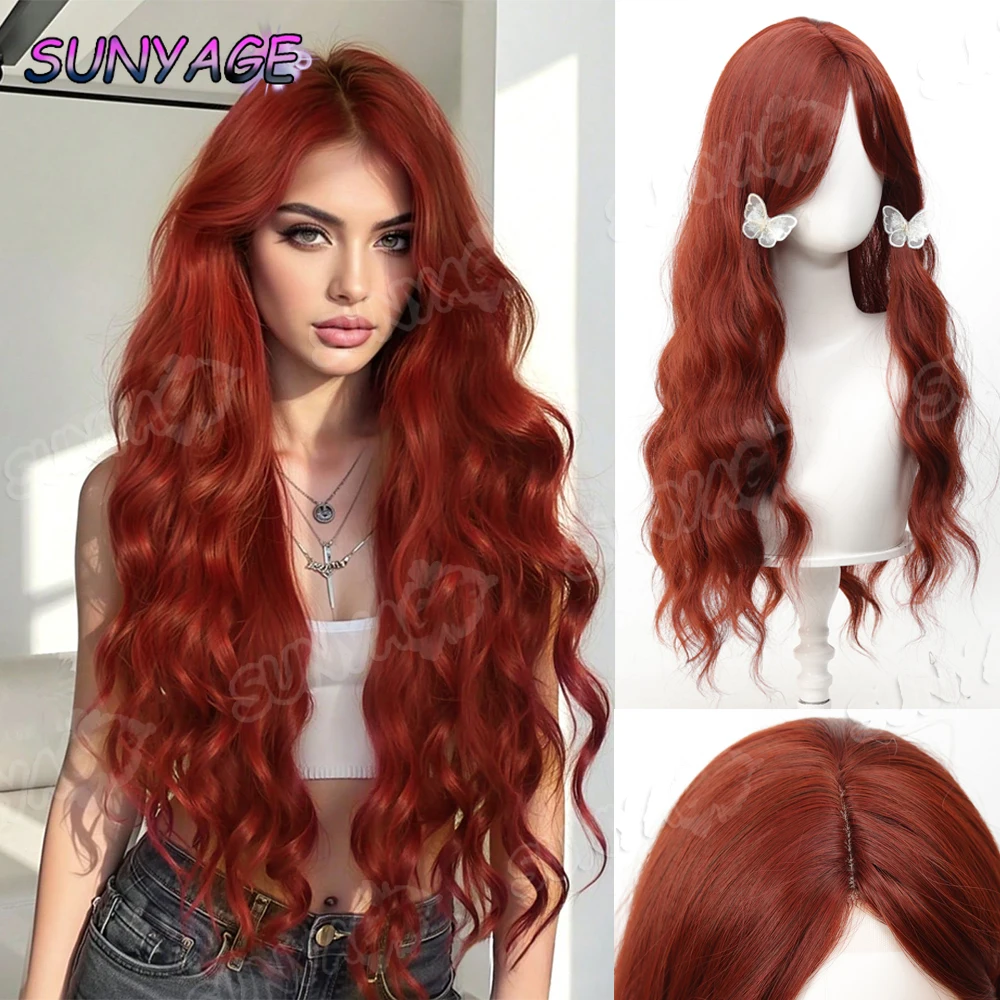 

SUNYAGE Red Brown Wavy Wigs for Women with Bangs Long Natural Synthetic Hair Wig Daily Cosplay Heat Resistant Halloween party
