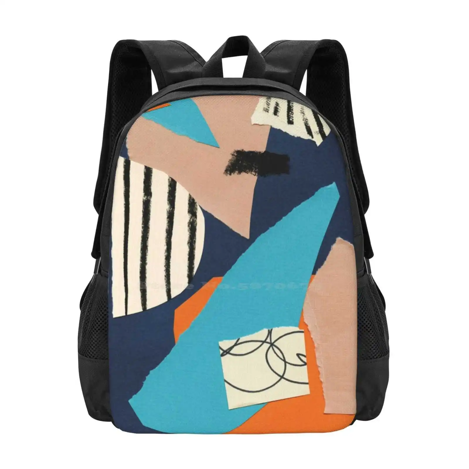 Abstract Collage Hot Sale Schoolbag Backpack Fashion Bags Paper Pattern Orange Indigo Ultramarine Aquamarine Beige Coral Scraps