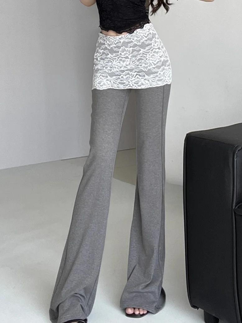 バレエ風デュアルカラーローウエストレーススプライススリムフレアパンツヨガスポーツカジュアルパンツレディースフロア丈