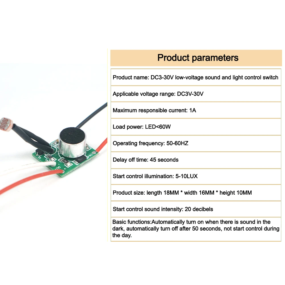 DC3-30V 1A Sound Light Control Switch DIY Module 60W 50-60HZ Low Voltage LED Driver Photosensitive Voice Switch Circuit Board