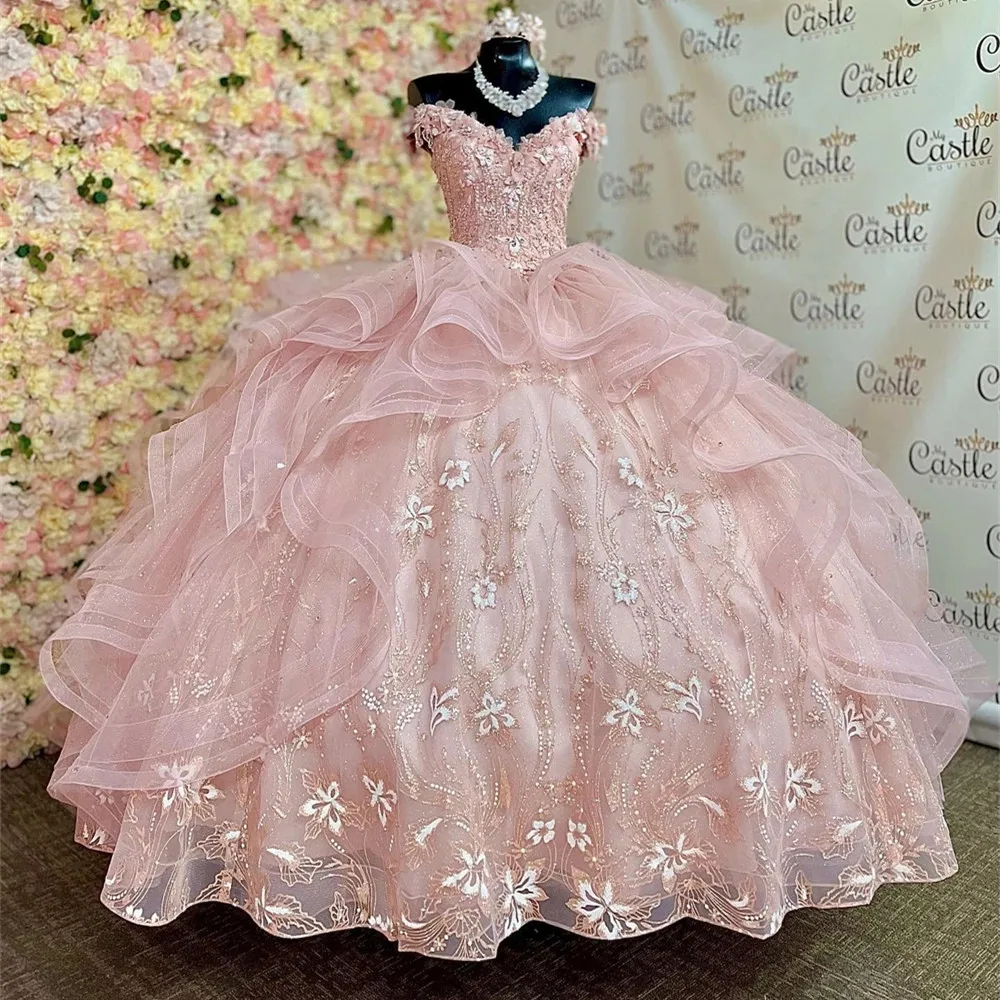 Coral princesa quinceanera vestidos princesa 3d flores bola vestido de aniversário tule rendas-up doce 16 vestidos de 15